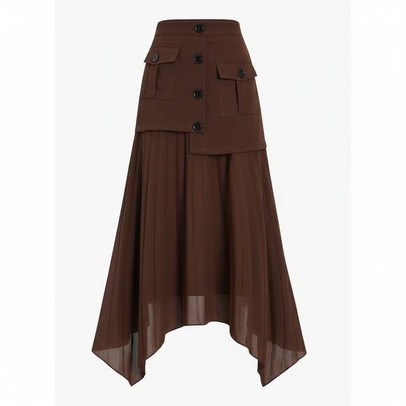 Commense Dresses & Skirts - Commense Asymmetrical Pleated Skirt Brown Button Pockets S NWT Modern Minimalist